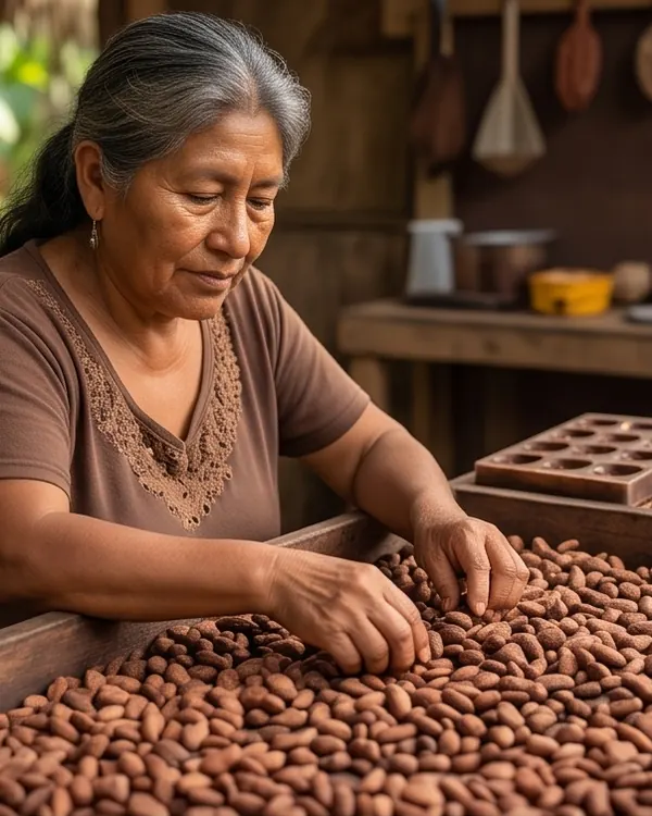 Productora seleccionando granos de cacao secos sobre una bandeja de madera.