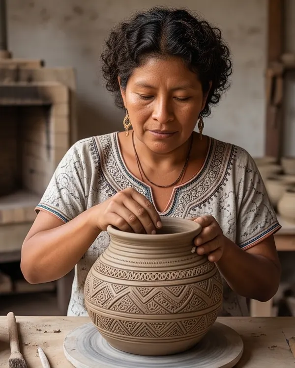 Alfarera modelando a mano una vasija de arcilla decorada, sobre el torno.