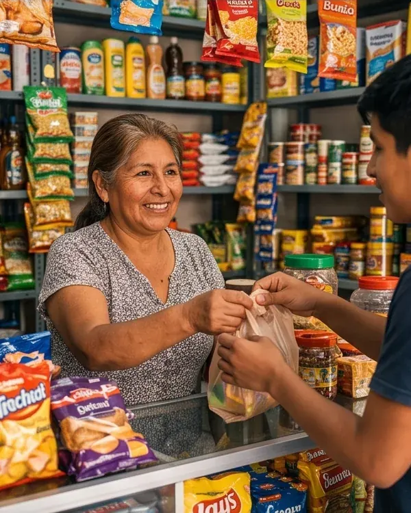 Comerciante entregando una bolsa a un cliente en el mostrador de una bodega de barrio.