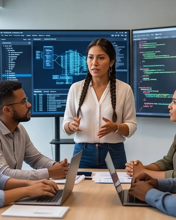 Formadora explicando ante un equipo de trabajo reunido con sus computadoras.