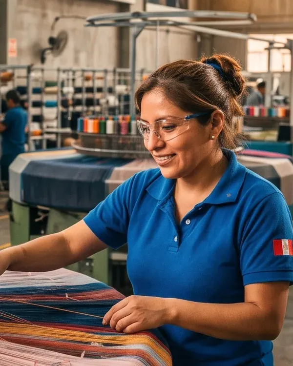 Operaria de un taller textil revisando hilos de colores junto a una máquina de tejido.